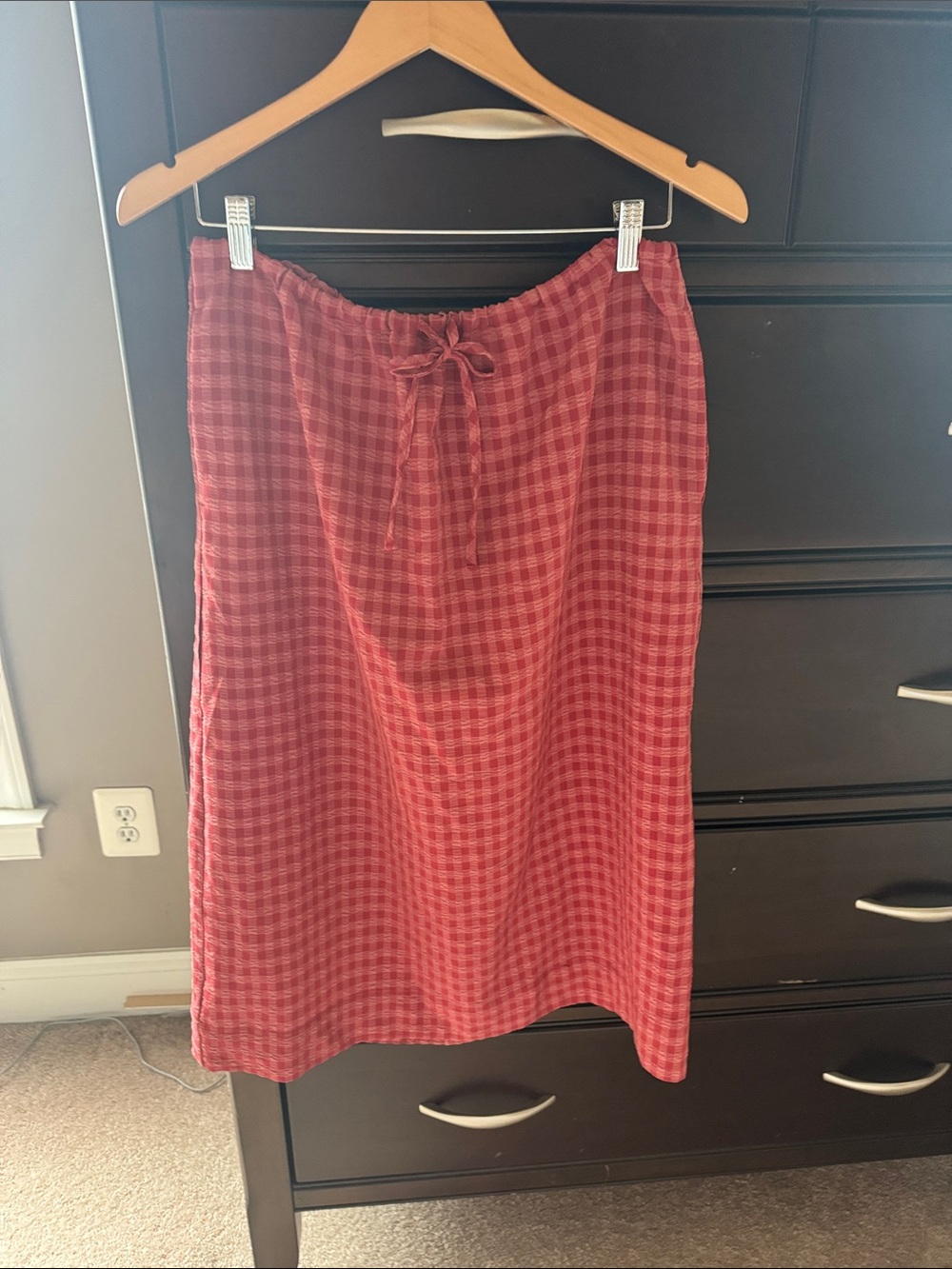 Free People Red Plaid Drawstring Midi Skirt
